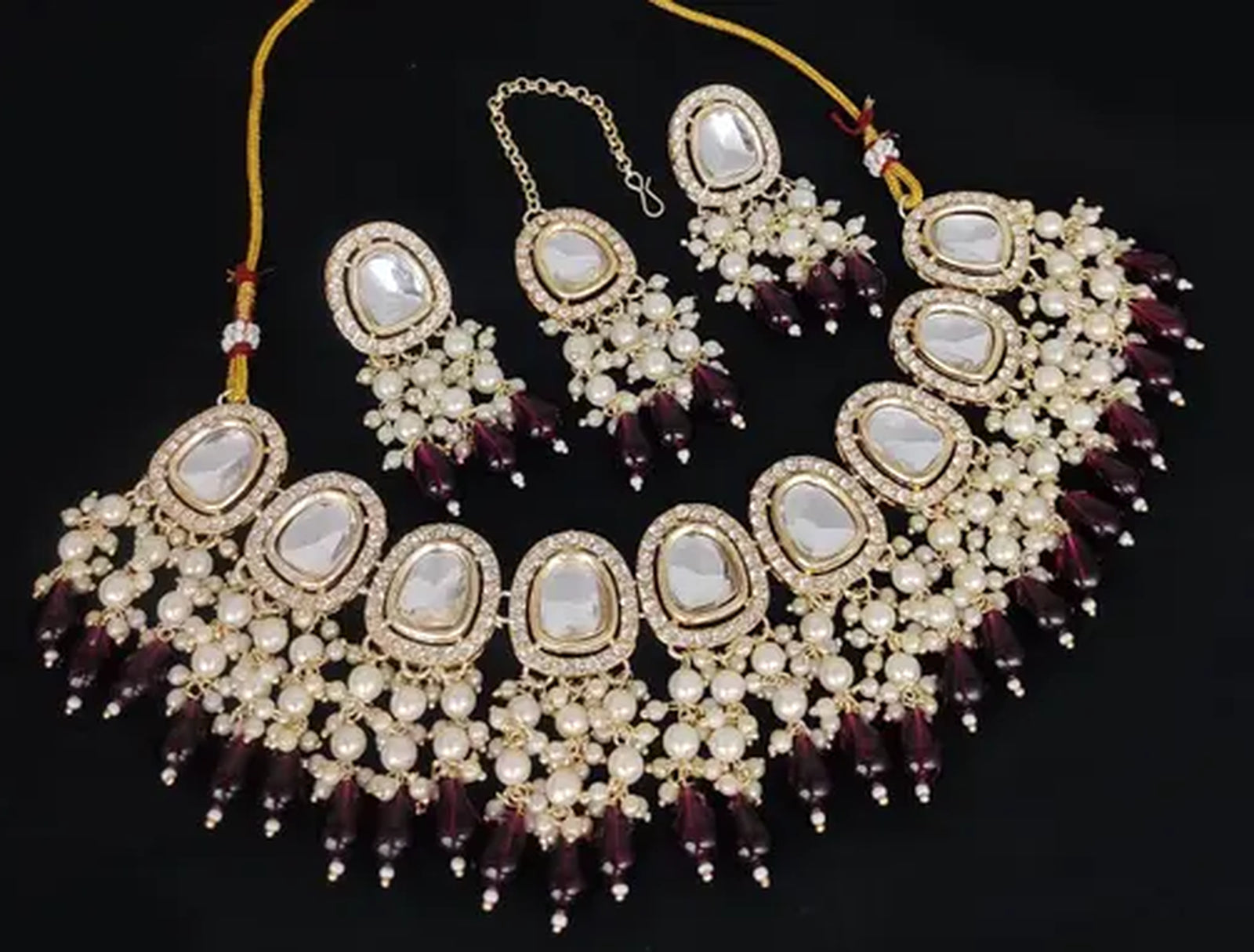 Jewel City Kundan Choker Necklace Set with Maroon Beads and Pearls - Traditional Indian Wedding Jewelry | Grab2Buy