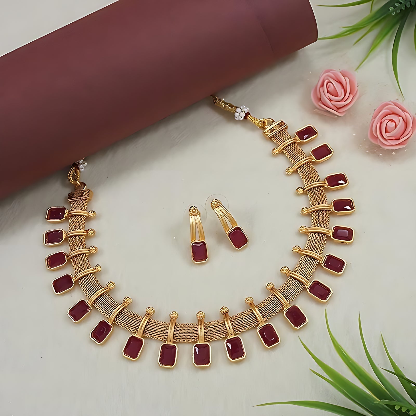 Jewel City Elegant Maroon and Gold Mesh Necklace Set with Matching Earrings | Grab2Buy