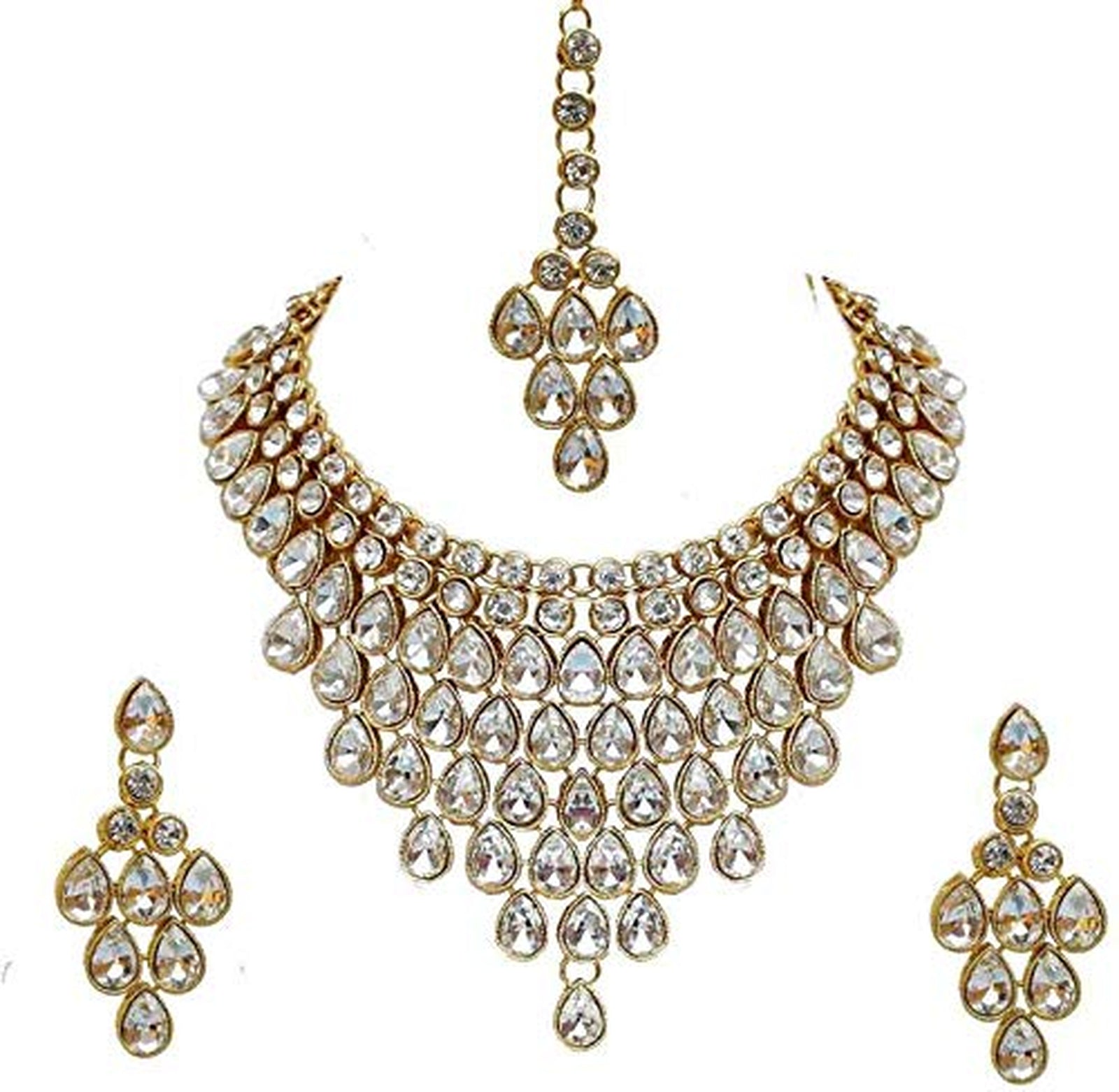 Jewel City Luxurious Gold-Plated Kundan Choker Necklace Set with Maang Tikka and Earrings | Grab2Buy