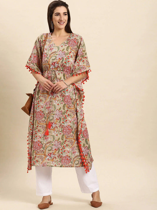 Janasya Women Women Beige & Pink Floral Printed Floral Kaftan Kurta