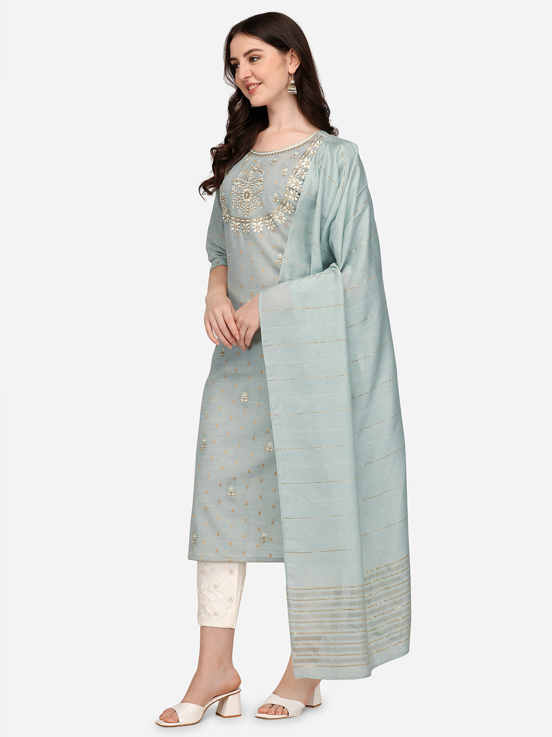 Embroidered Kurta With Pant & Dupatta Set, Multicolor - Hiral Fashion