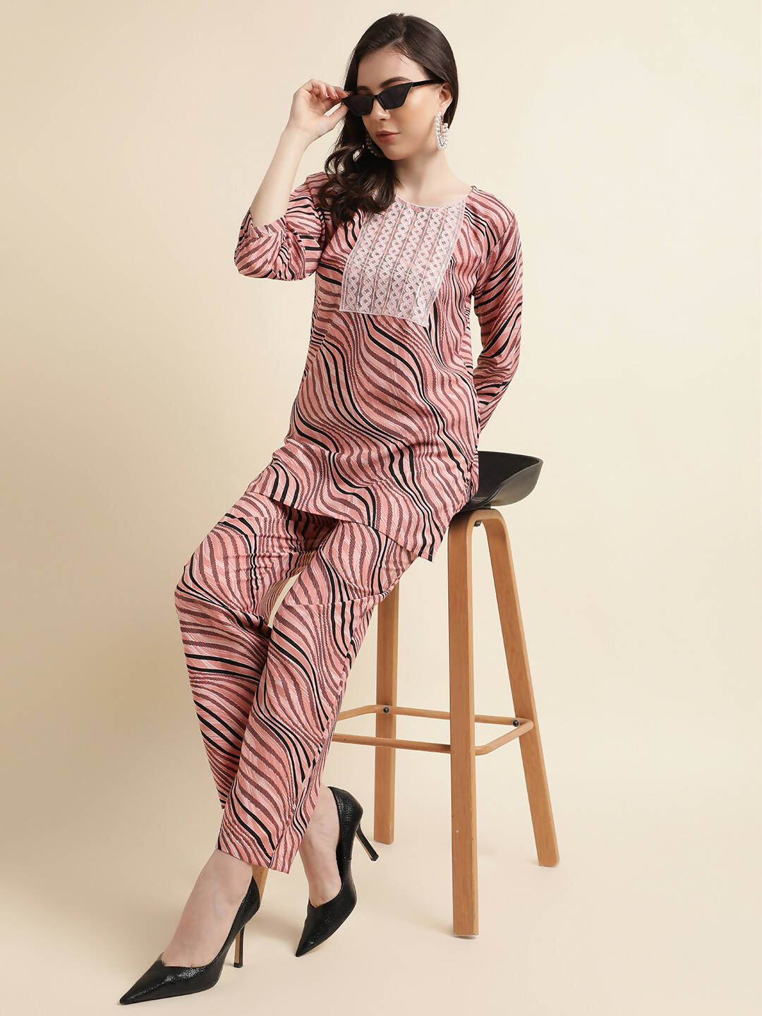Peach Poly Crepe Digital Printed Top with Matching Bottom - Preeti