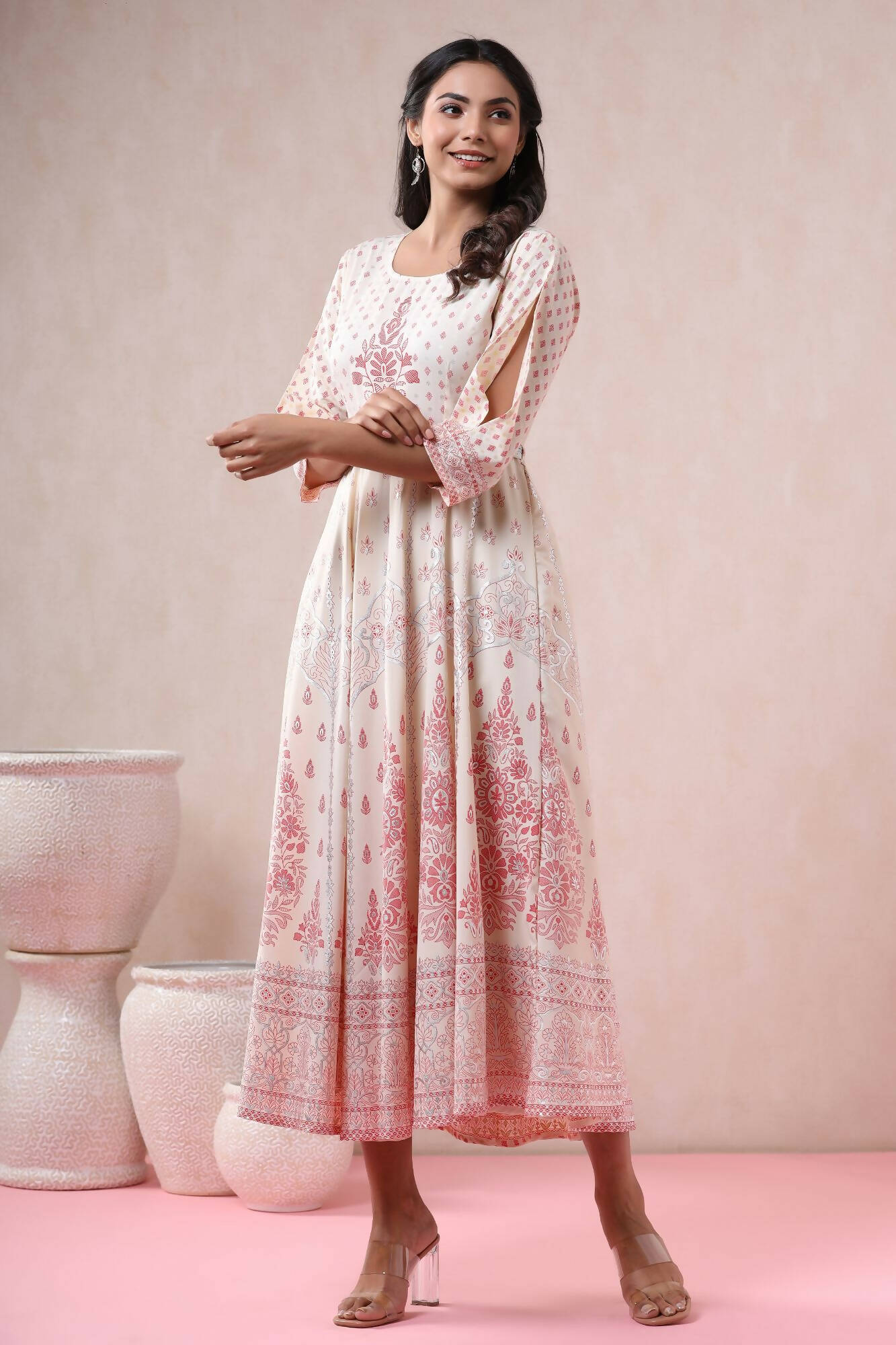 Juniper Women Ivory American Crepe Printed Flared Dress