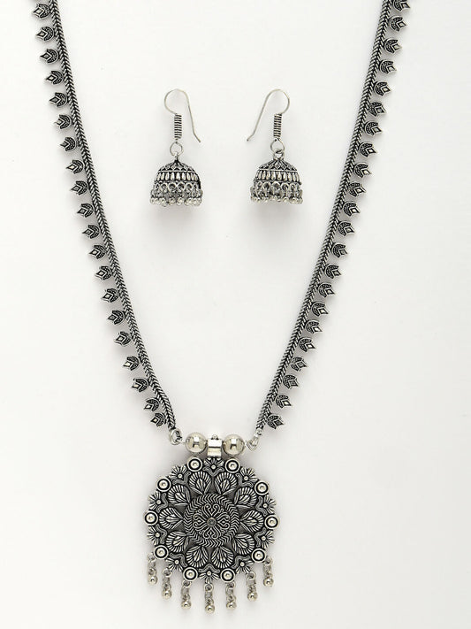 NVR Women's Silver-Toned Floral Shape Oxidized Necklace with Jhumka Earrings - Grab2buy