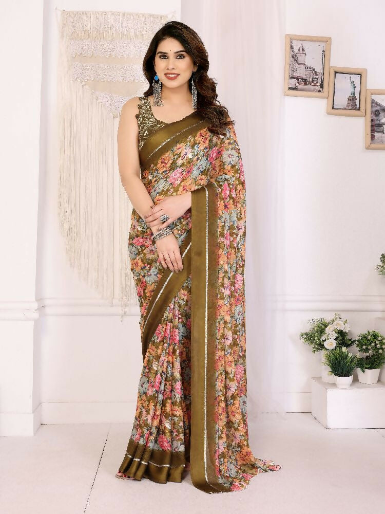 PR Fashion Cream Bright Moss Satin Patta Printed Saree