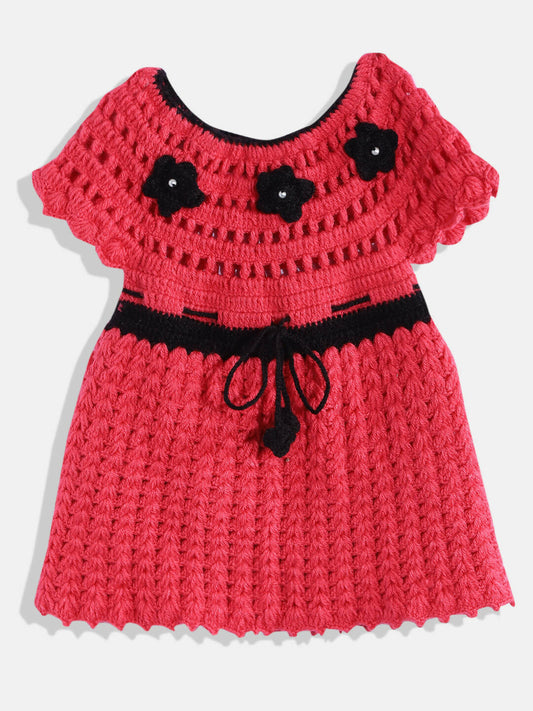 Chutput Kids Woollen Hand Knitted Short Sleeves Flower Detail Dress For Baby Girls - Pink