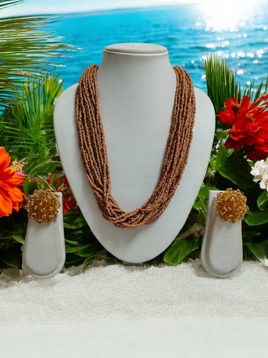 Inhanns Vibrant Handmade 20 Layers Beaded Necklace With Matching Earrings - Sandalwood