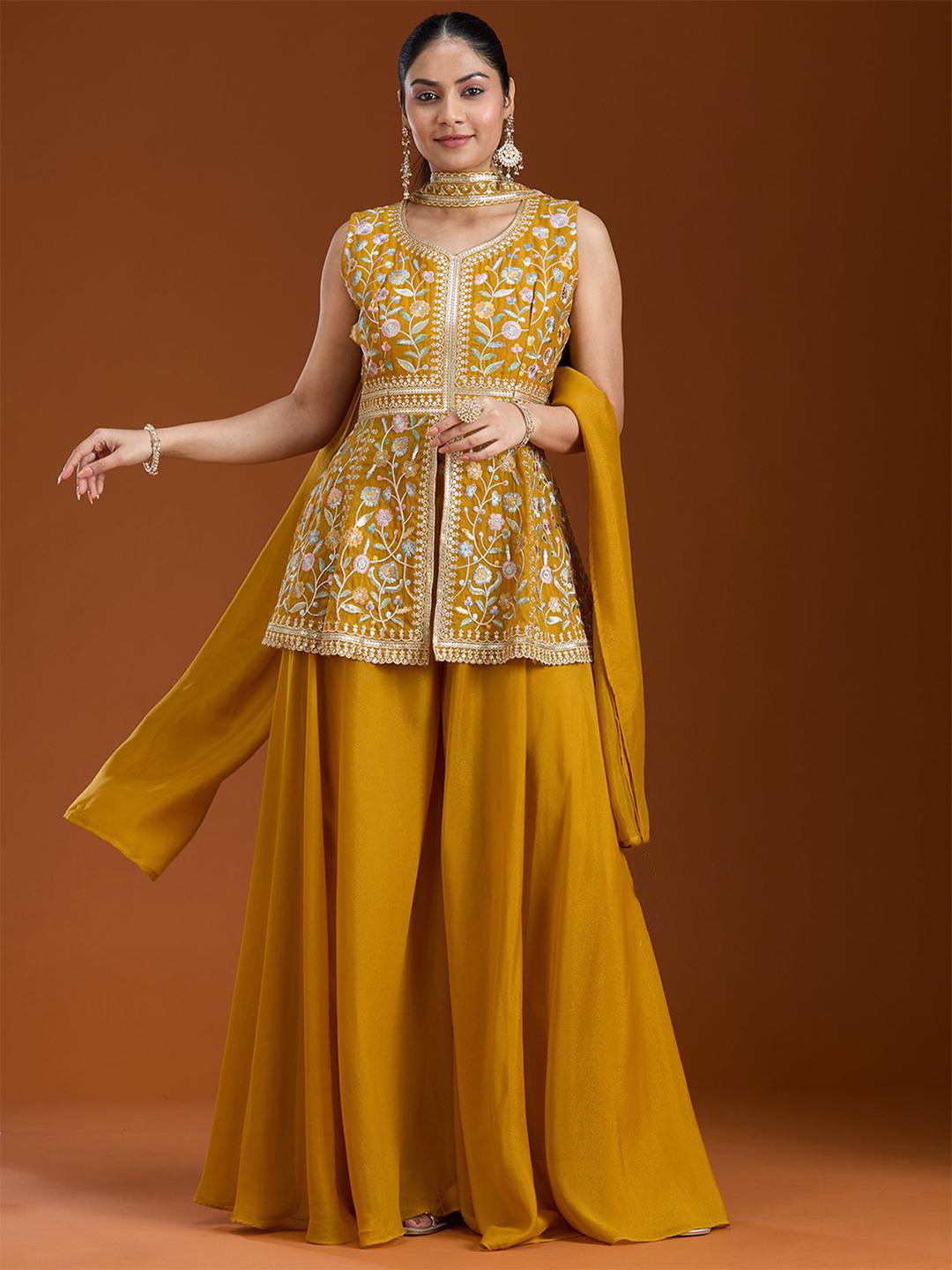 Teeya Creation Yellow Color Star Georgette Party Wear Designer Peplum Sharara Set  Grab2Buy Teeya Creation Grab2Buy