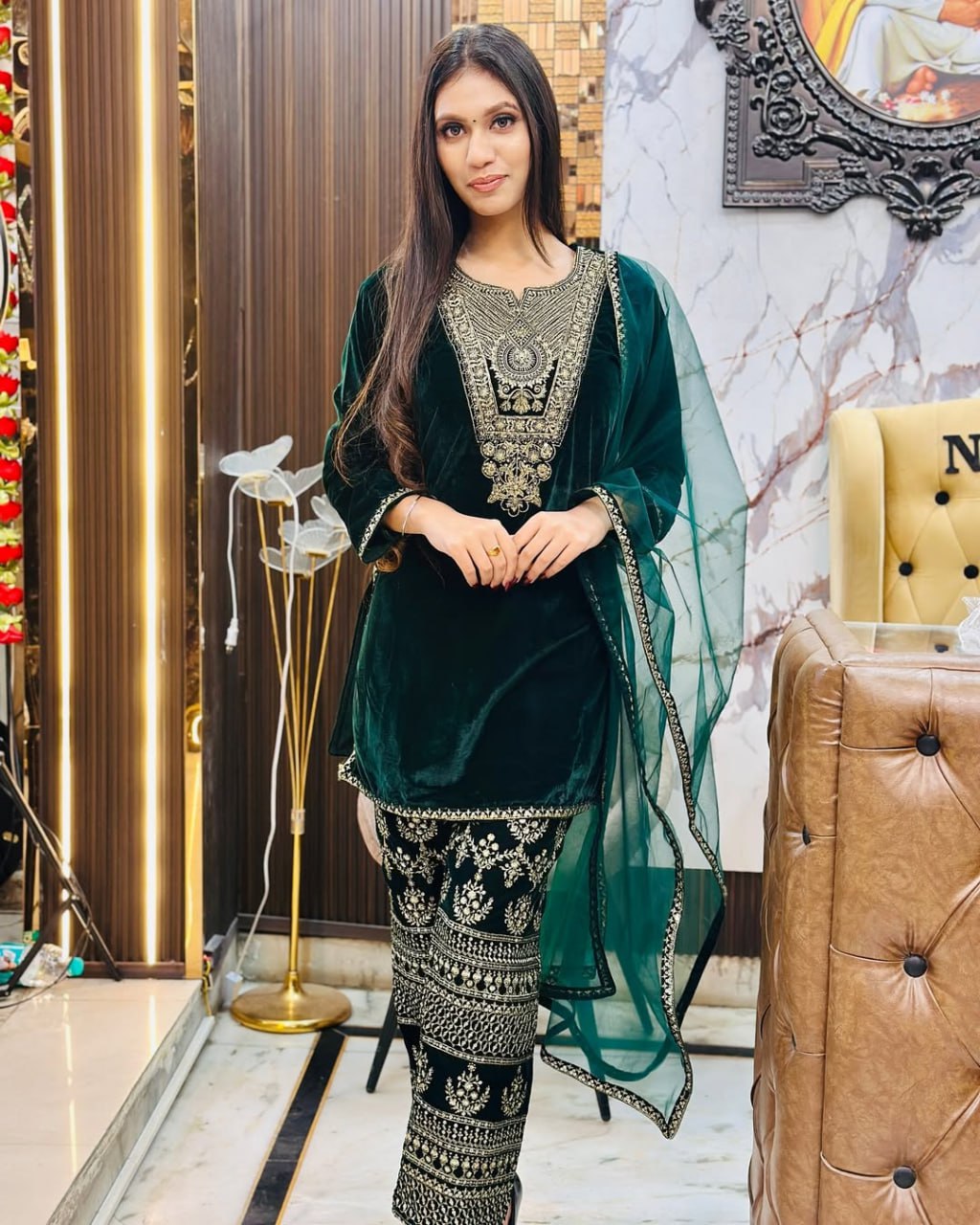 Lehenga Mart Styleylish Velvet Sequence Embroidery Work Suit Pant With Dupatta -Green