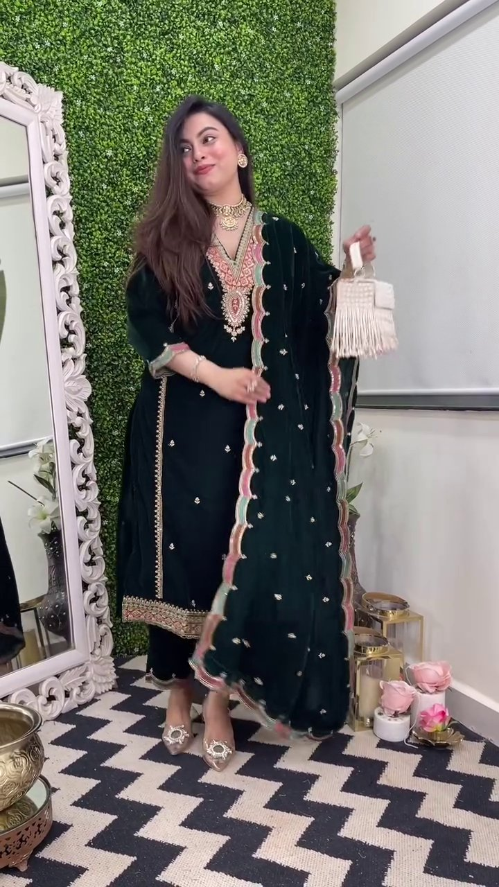 Lehenga Mart Designer Heavy Pure Viscose Velvet Top Pant & Dupatta Set-Green