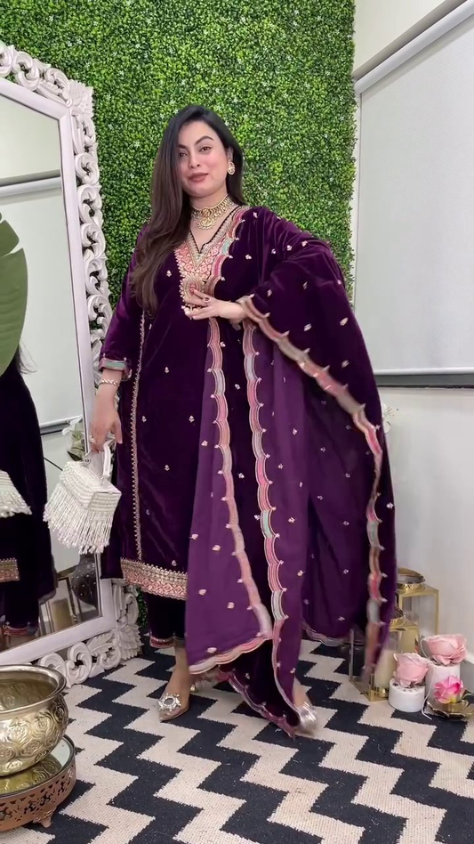 Lehenga Mart Designer Heavy Pure Viscose Velvet Top Pant & Dupatta Set-Purple