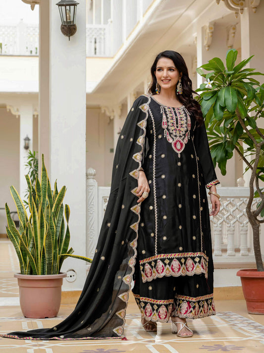Lehenga Mart Designer Sequence Embroidery On Silk Fabric Top And Palazzo With Dupatta-Black