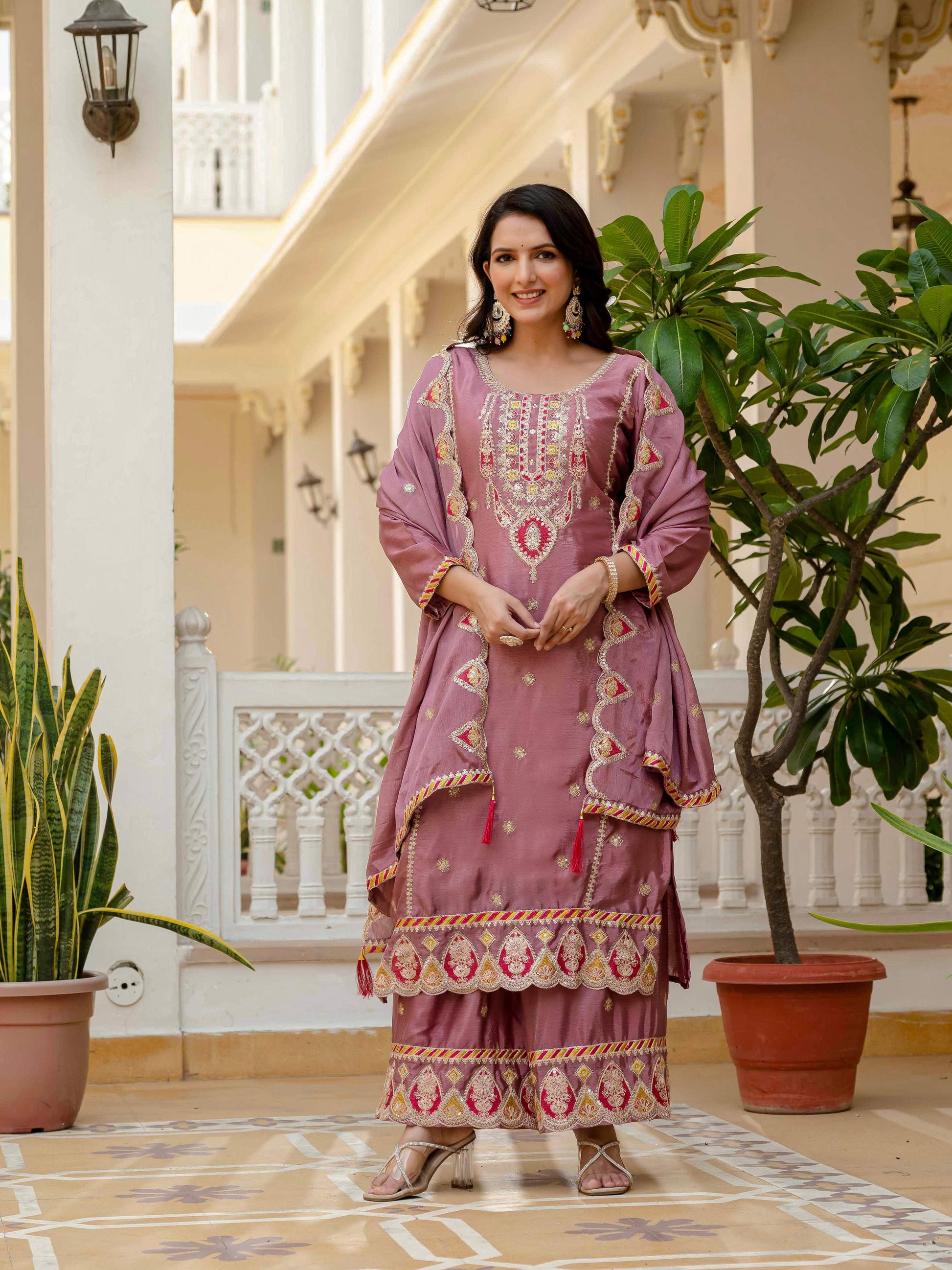 Lehenga Mart Designer Sequence Embroidery On Silk Fabric Top And Palazzo With Dupatta-Multicolor