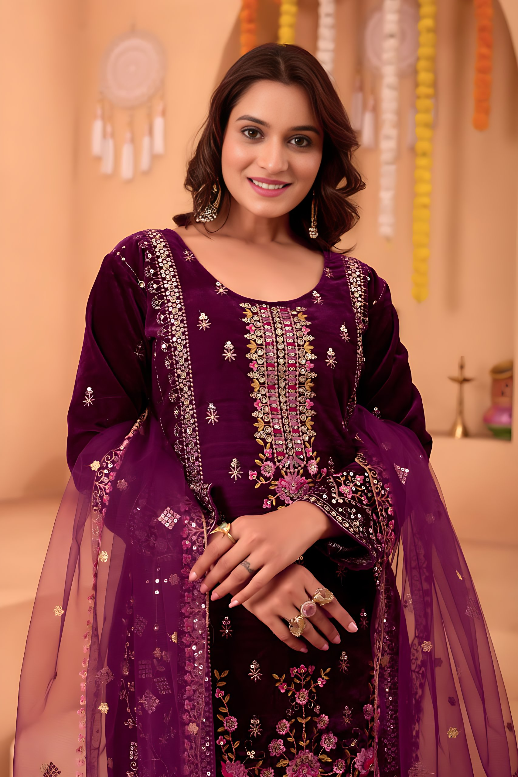 Lehenga Mart Designer Velvet Sequence Embroidery Work Suit Pant With Dupatta Set-Wine