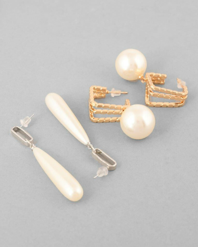 VOJ Set Of 2 Korean Drop Earrings - Gold Plated and Silver Plated With White Pearl - Grab2buy