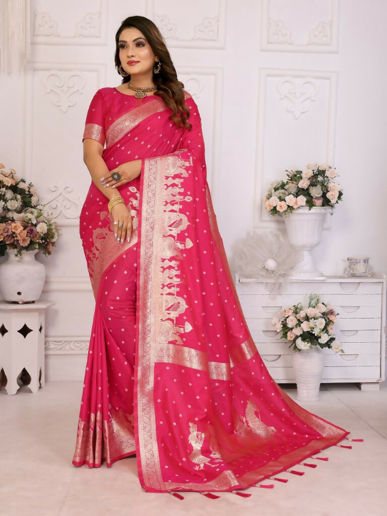 Anaita Rani Pink kochi Silk With Bandhej Weaving Saree With Blouse