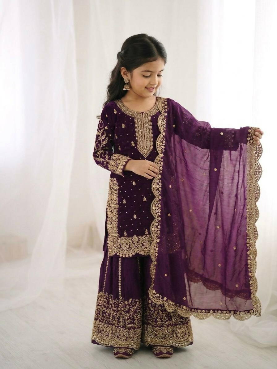 Teeya Creation New Trendy Fully Stitched Ready to Wear Kids Kurta Palazzo Set-Purple