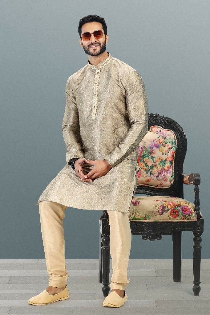 Raivat Ethnic Jacquard Banarasi Silk Pintux Work Kurta Pajama In Tusser Colour