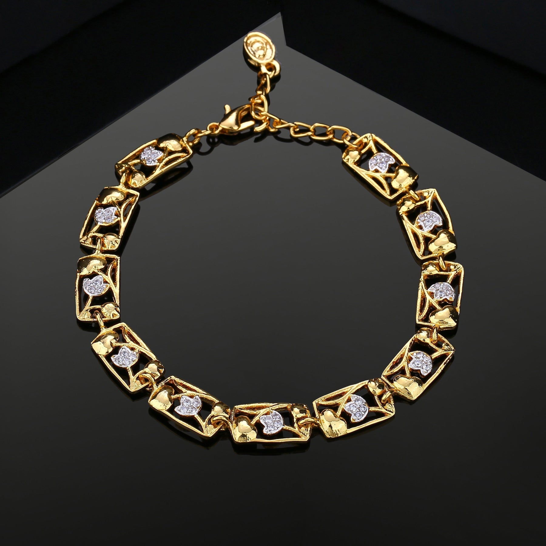 Estele Gold-Polished Latest Trendy Sqaure Pattern Charm Bracelet with White Crystals for Women - Swadesiicart