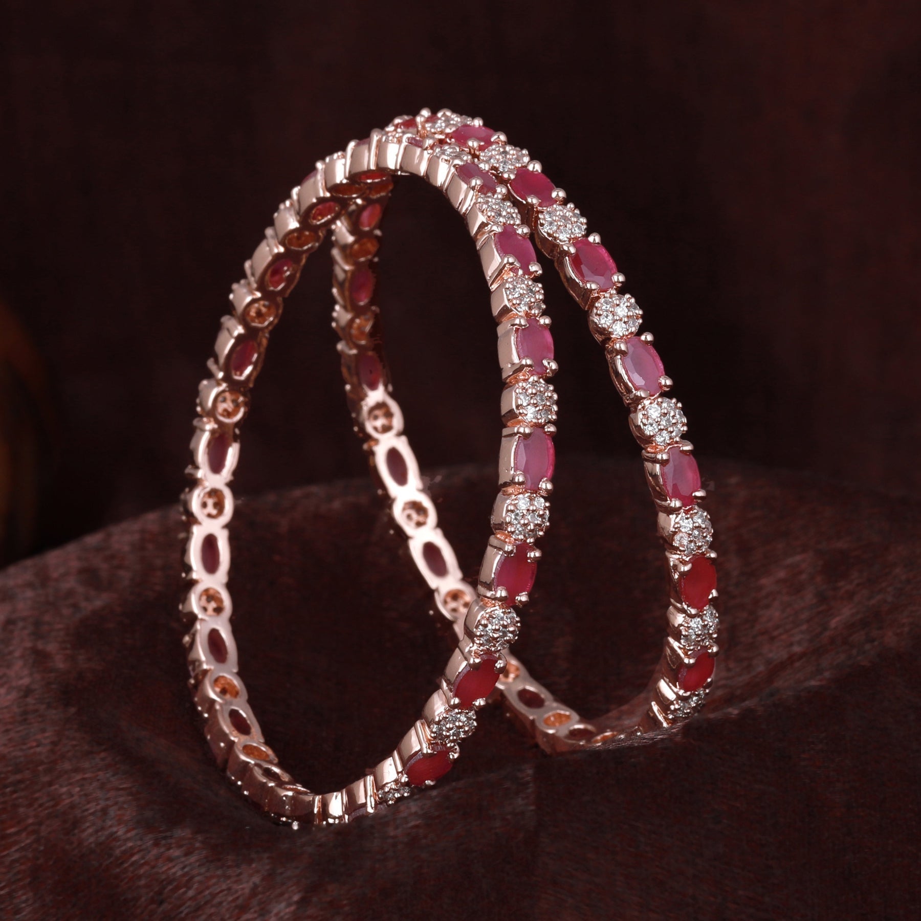 Estele Rose Gold-Polished CZ Splendid Designer 2:6 Size Bangles with Ruby Stones for Women 