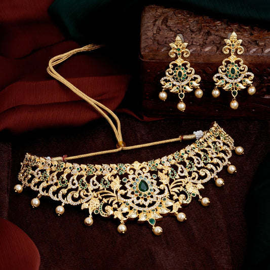 Estele Gold-Polished CZ Magnificent Bridal Choker Necklace Set with Green Stones & Pearls for Women Estele Accessories
