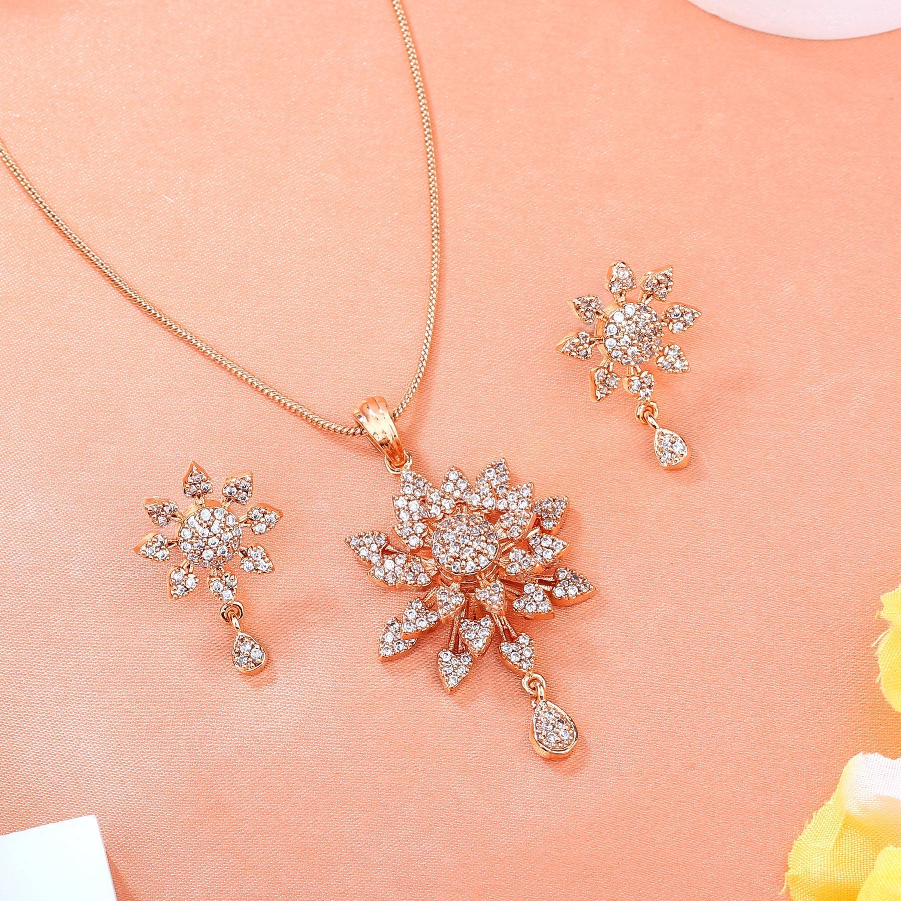 Estele Rose Gold-Polished Stunning Floral Designer Pendant Set with White American Diamonds for Girls & Women | Swadesiicart