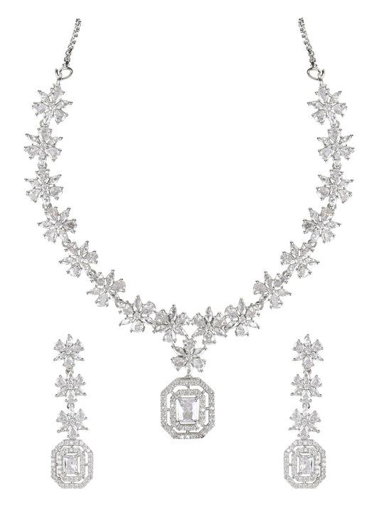 Stylish Silver Plated Cubic Zirconia American Diamond CZ AD Necklace Jewellery Set For Women & Girls - Wahe Jewels Noz2Toz