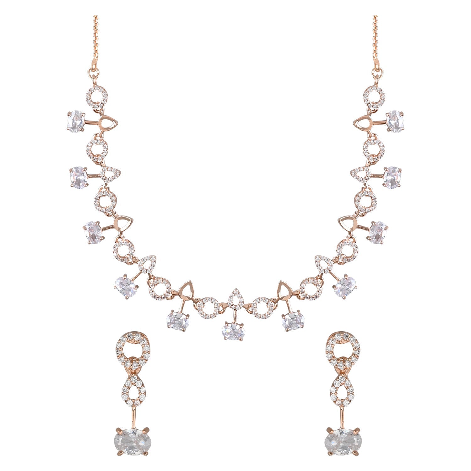 Stylish Rose Gold-Polished Cubic Zirconia American Diamond CZ AD Necklace Jewellery Set For Women & Girls - Wahe Jewels Noz2Toz