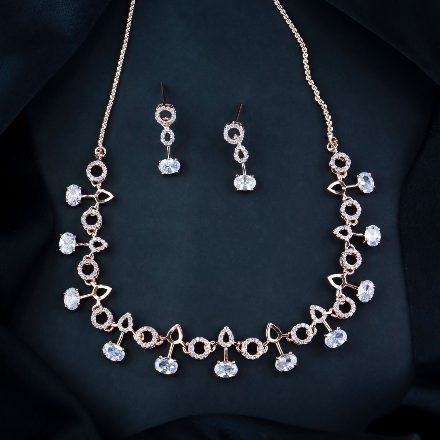 Stylish Rose Gold-Polished Cubic Zirconia American Diamond CZ AD Necklace Jewellery Set For Women & Girls - Wahe Jewels Noz2Toz