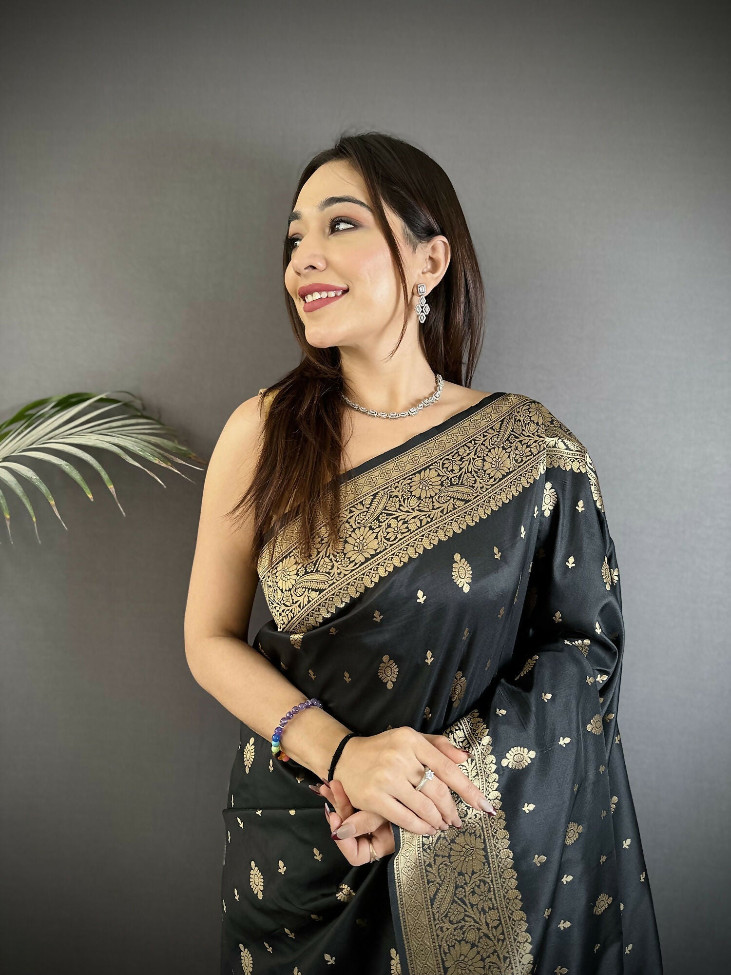 Joban Fashion Black Zari Weaving Motif Lichi Silk Banarasi Silk Saree