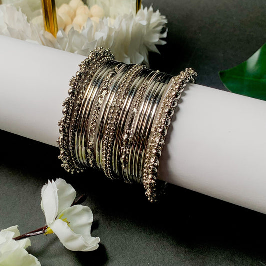 Navratri Traditional Silver Oxidized Bangle Set For Women - Wahe Jewels 