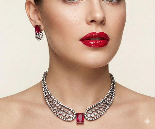 Jewel City Party Wear Red American Diamond Necklace Set