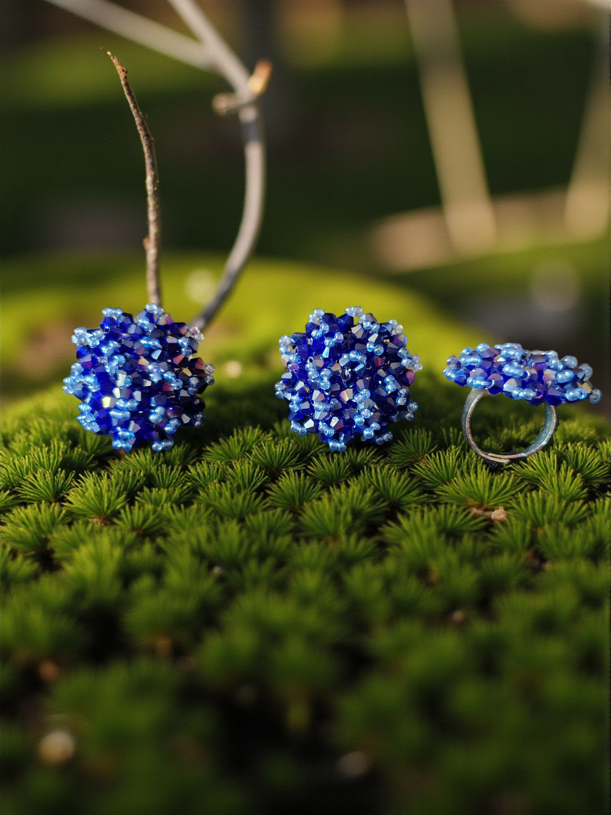Inhanns Rangmani Crystal Duo – Adjustable Ring + Statement Earrings Set - Blue