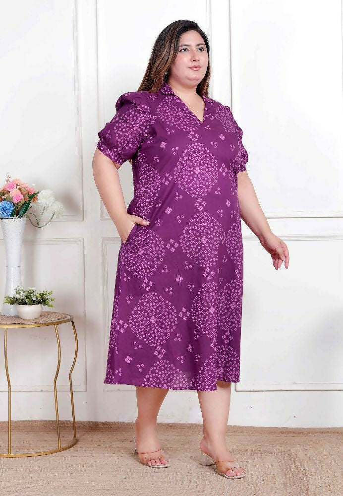 Miravan Plus Size Womens Purple Bandhani Printed A-Line Maxi Dress