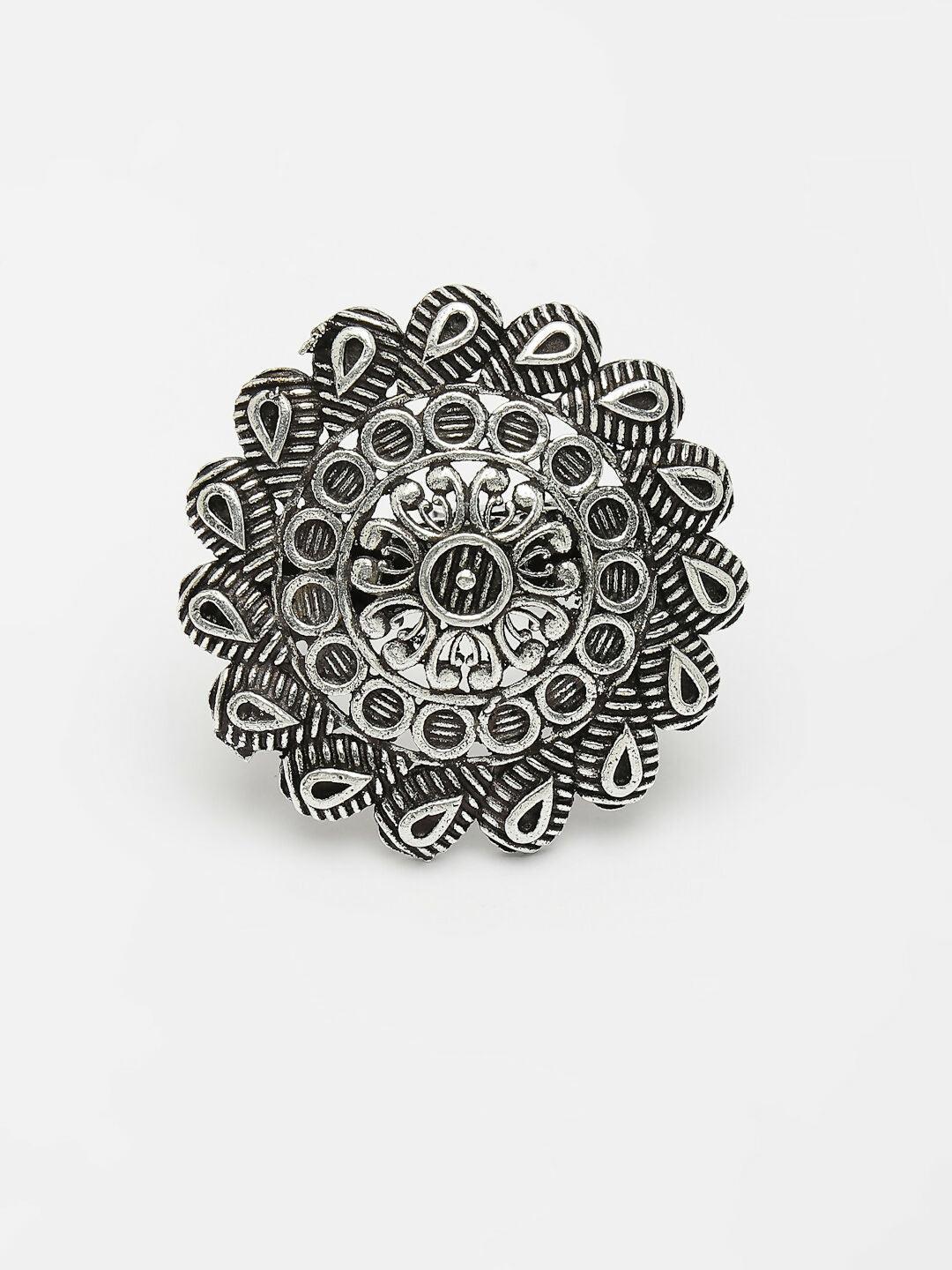 NVR Women's Silver-Toned Floral Shape Adjustable Finger Ring 