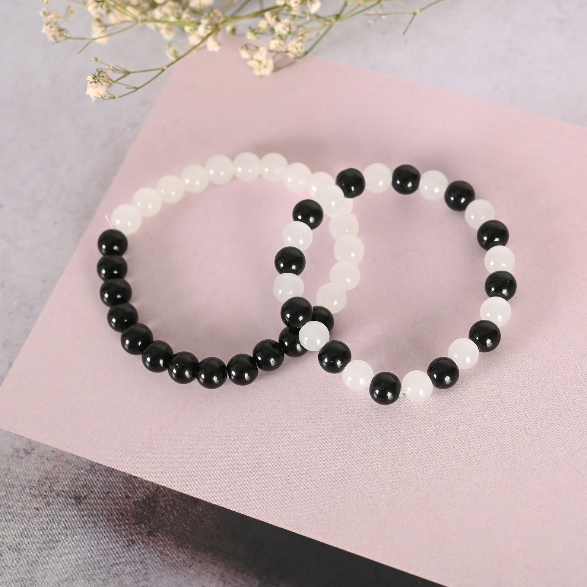 NVR Men & Women White & Black Marbel Crystal Elasticated Bracelet