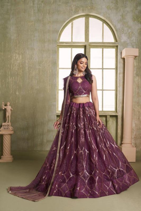 Aastha Fashion Wine Butterfly Net Tone To Tone Cotton Thread Work And Sequence Work Embroidery Wedding Wear Lehenga Choli