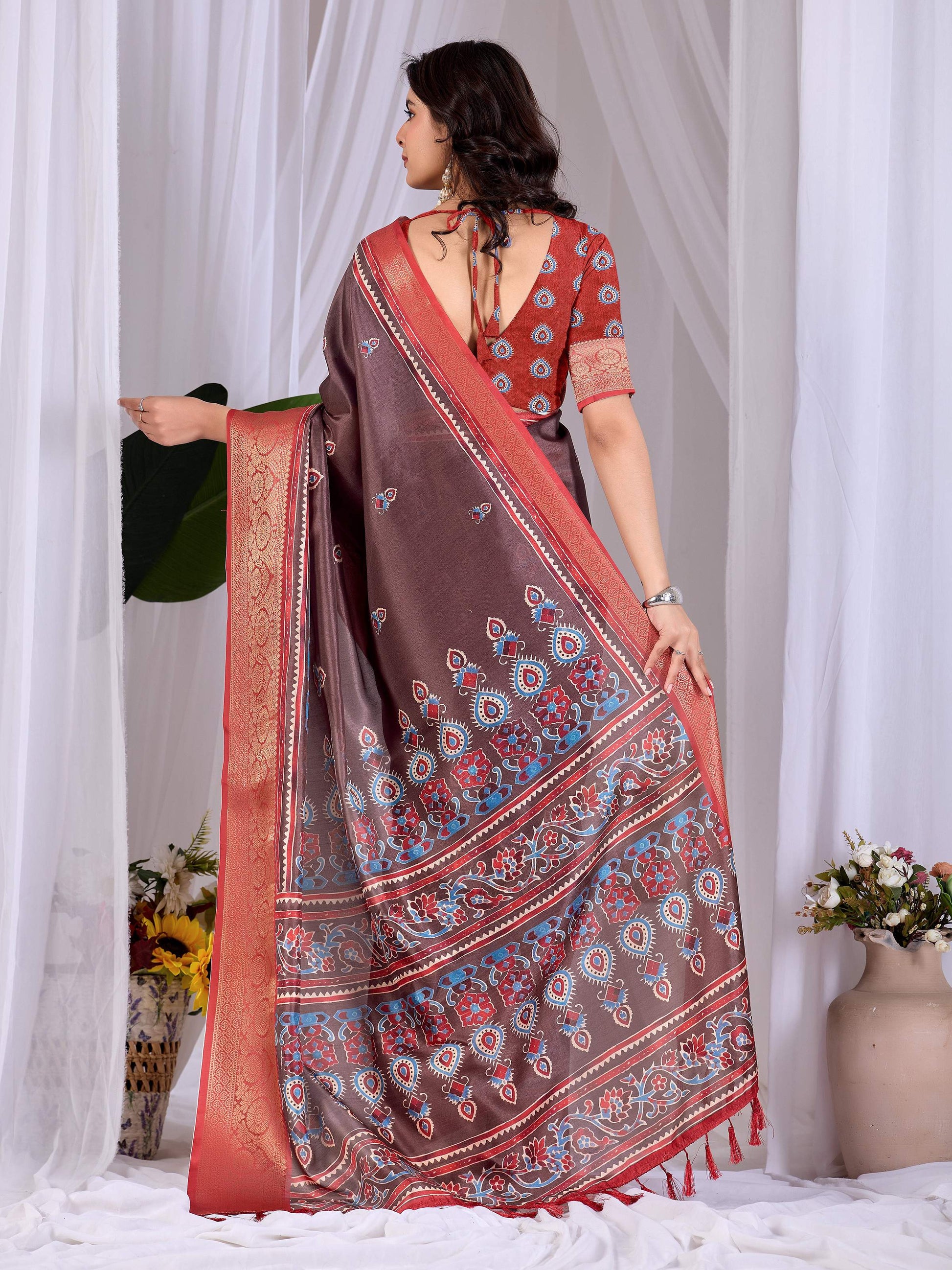 Aastha Fashion Light Brown Soft Lichi Silk Printed Saree