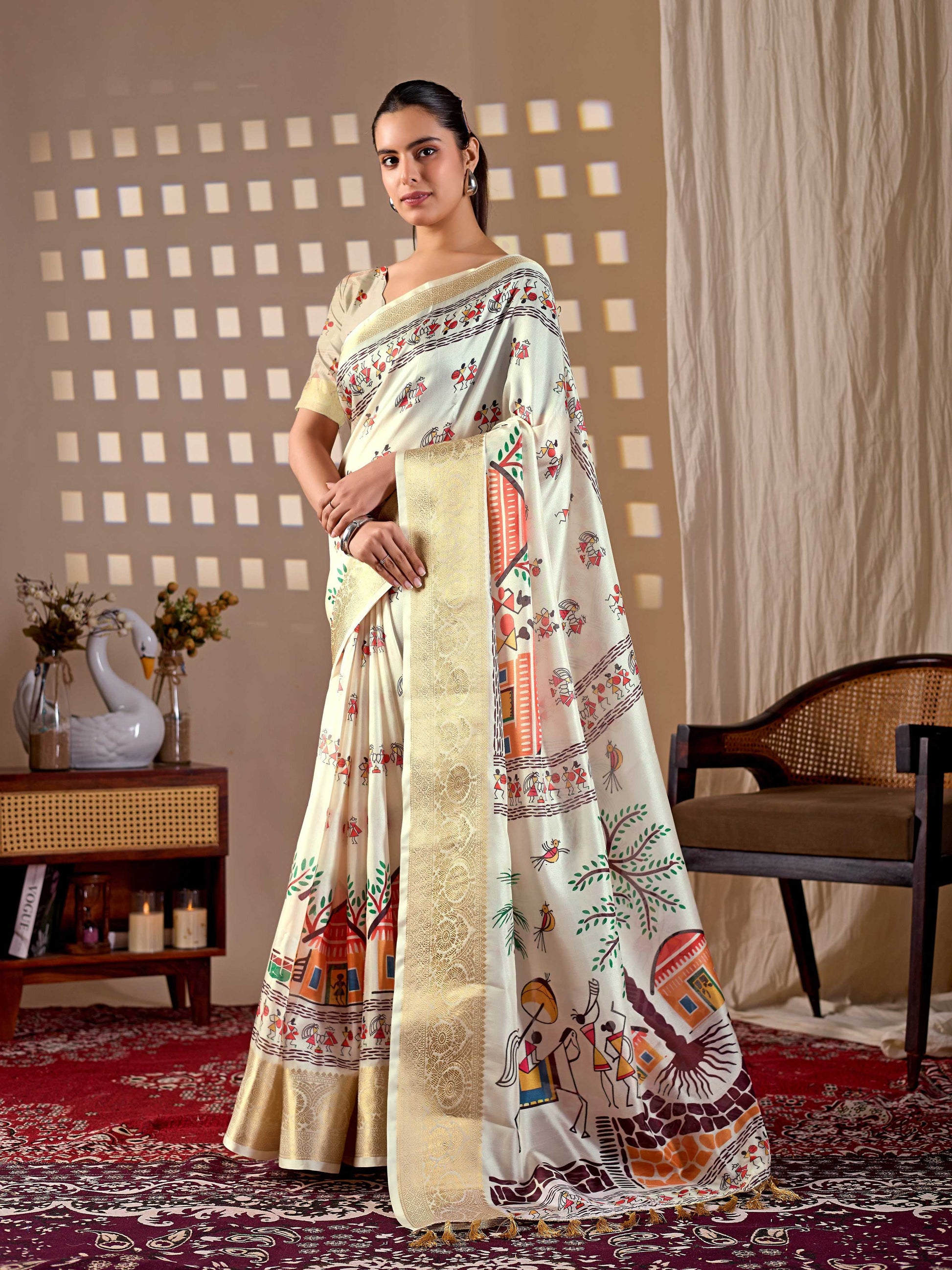 Aastha Fashion Cream Soft Lichi Silk Printed Saree