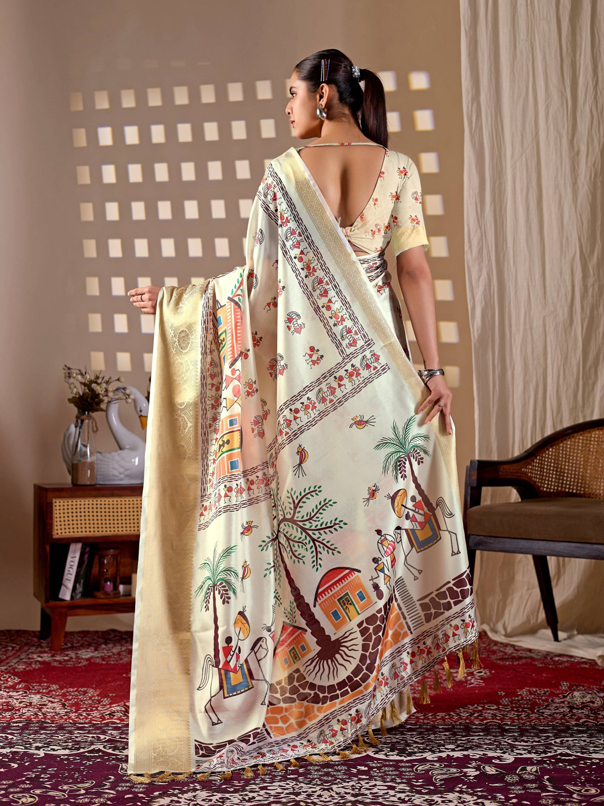 Aastha Fashion Cream Soft Lichi Silk Printed Saree