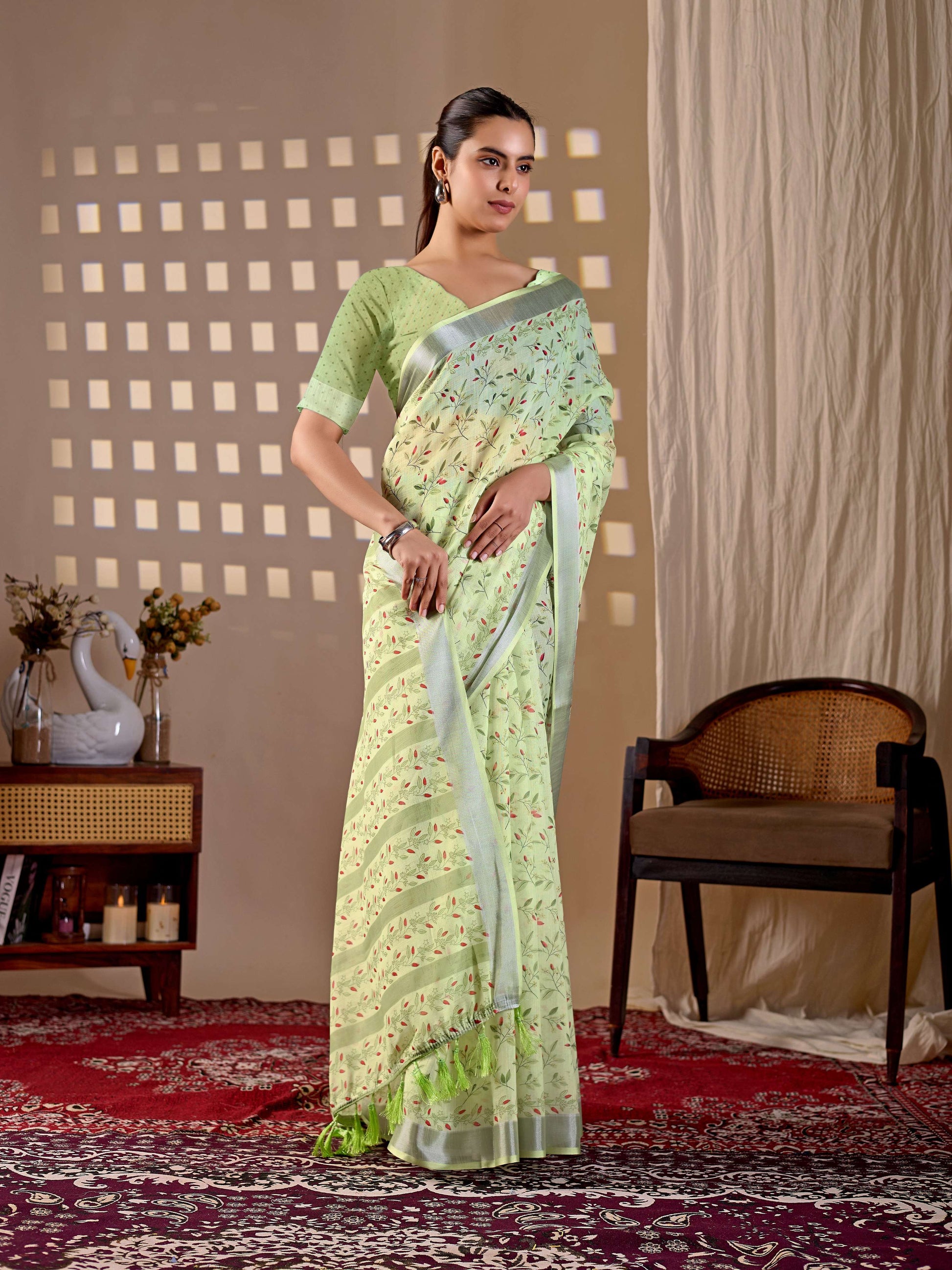 Aastha Fashion Pista Soft Linen Cotton Printed Saree