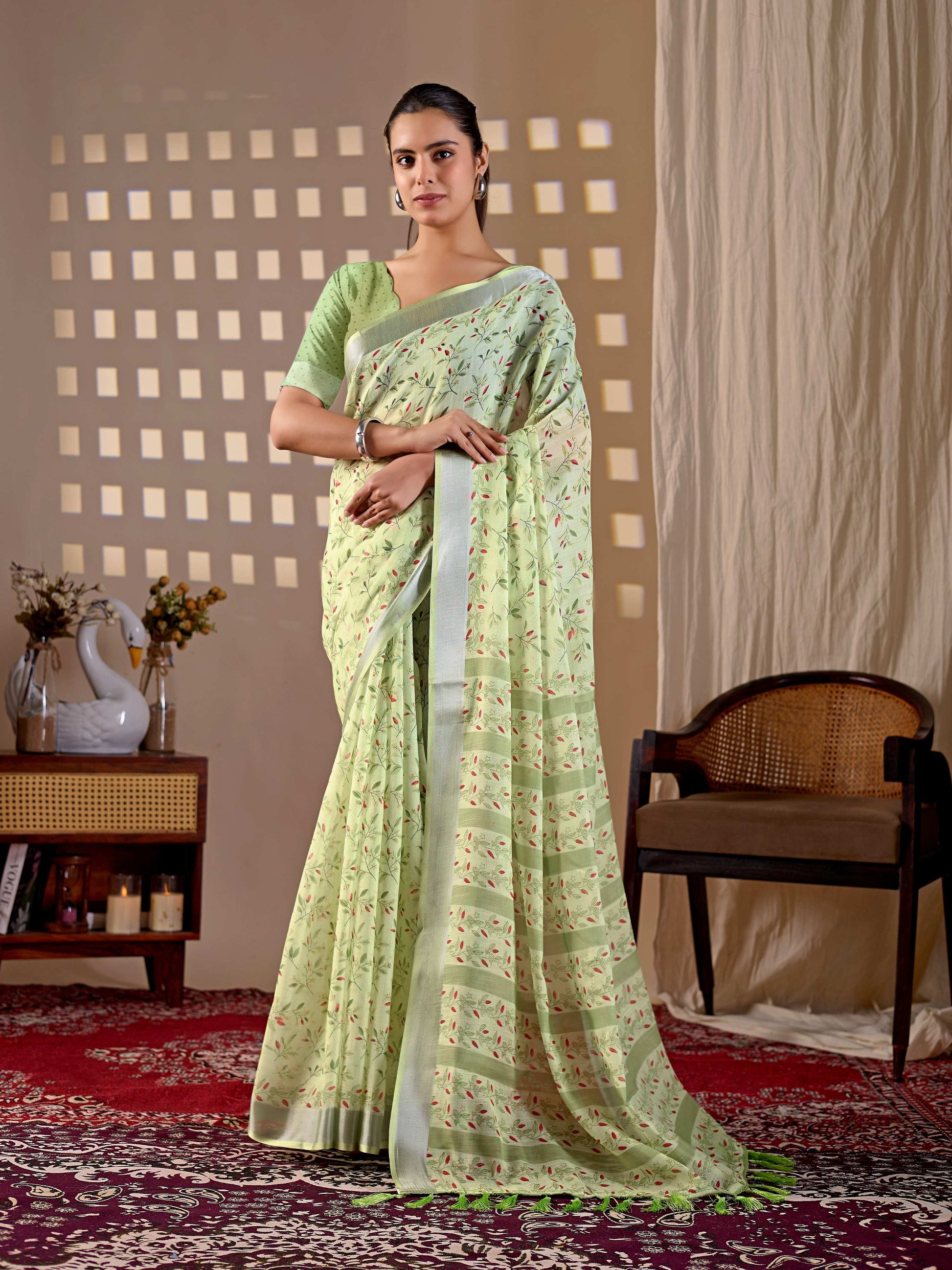 Aastha Fashion Pista Soft Linen Cotton Printed Saree