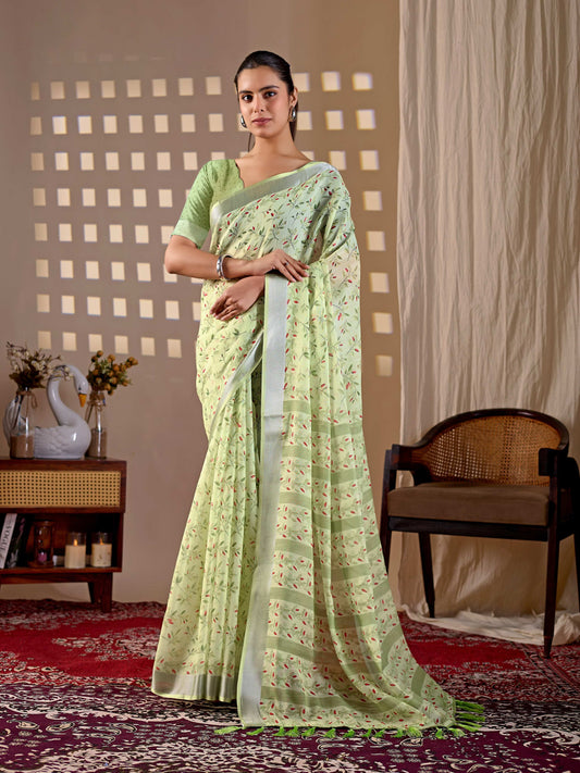 Aastha Fashion Pista Soft Linen Cotton Printed Saree