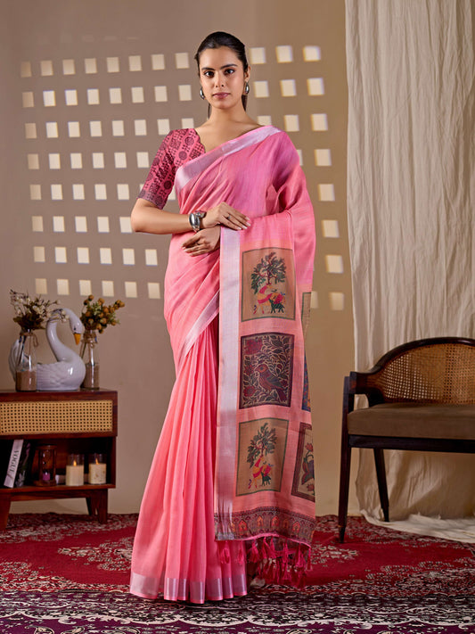 Aastha Fashion Pink Soft Linen Cotton Printed Saree