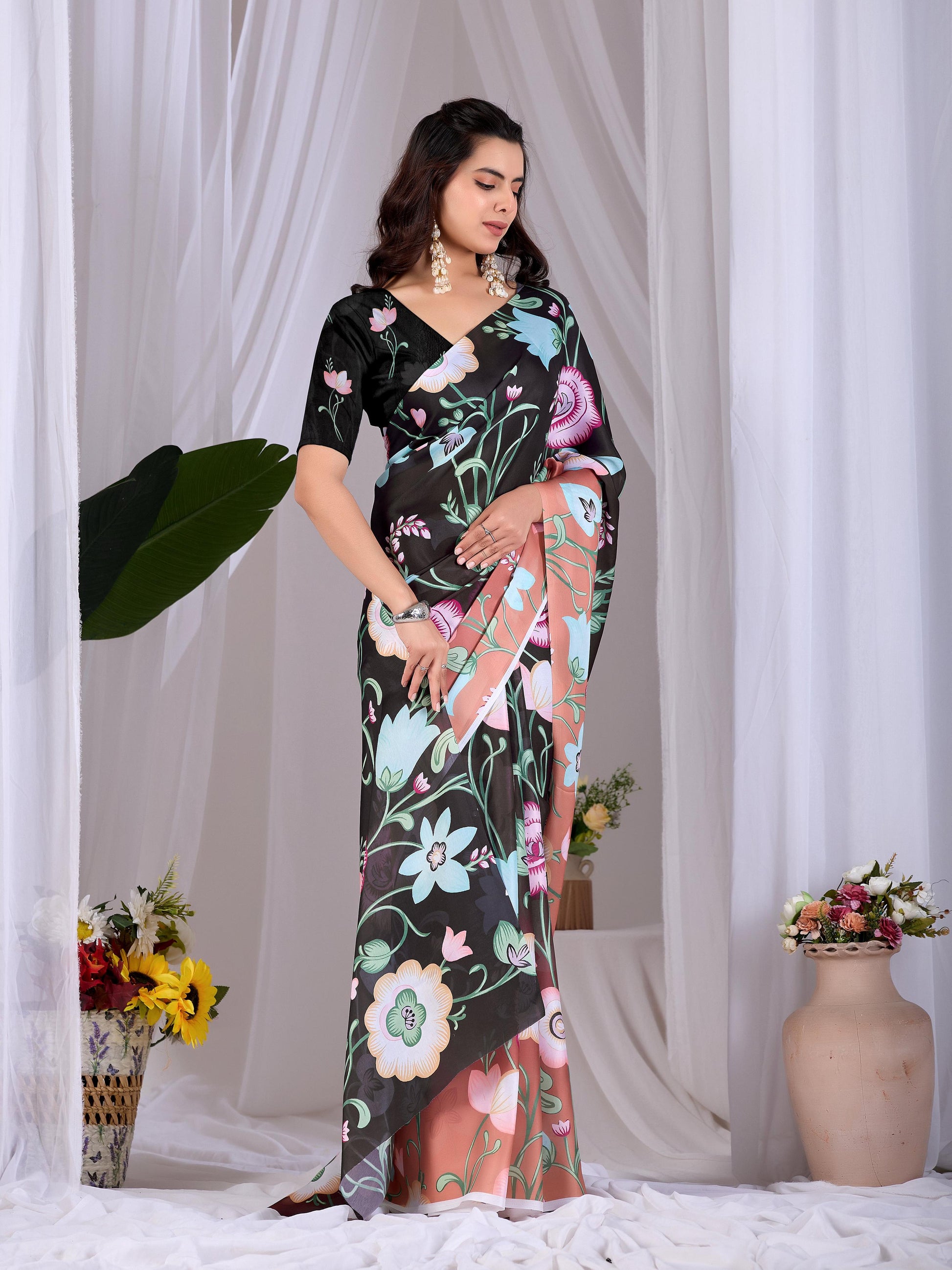 Aastha Fashion Black Soft Satin Georgette Printed Saree