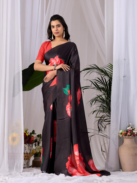 Aastha Fashion Black Soft Satin Georgette Printed Saree