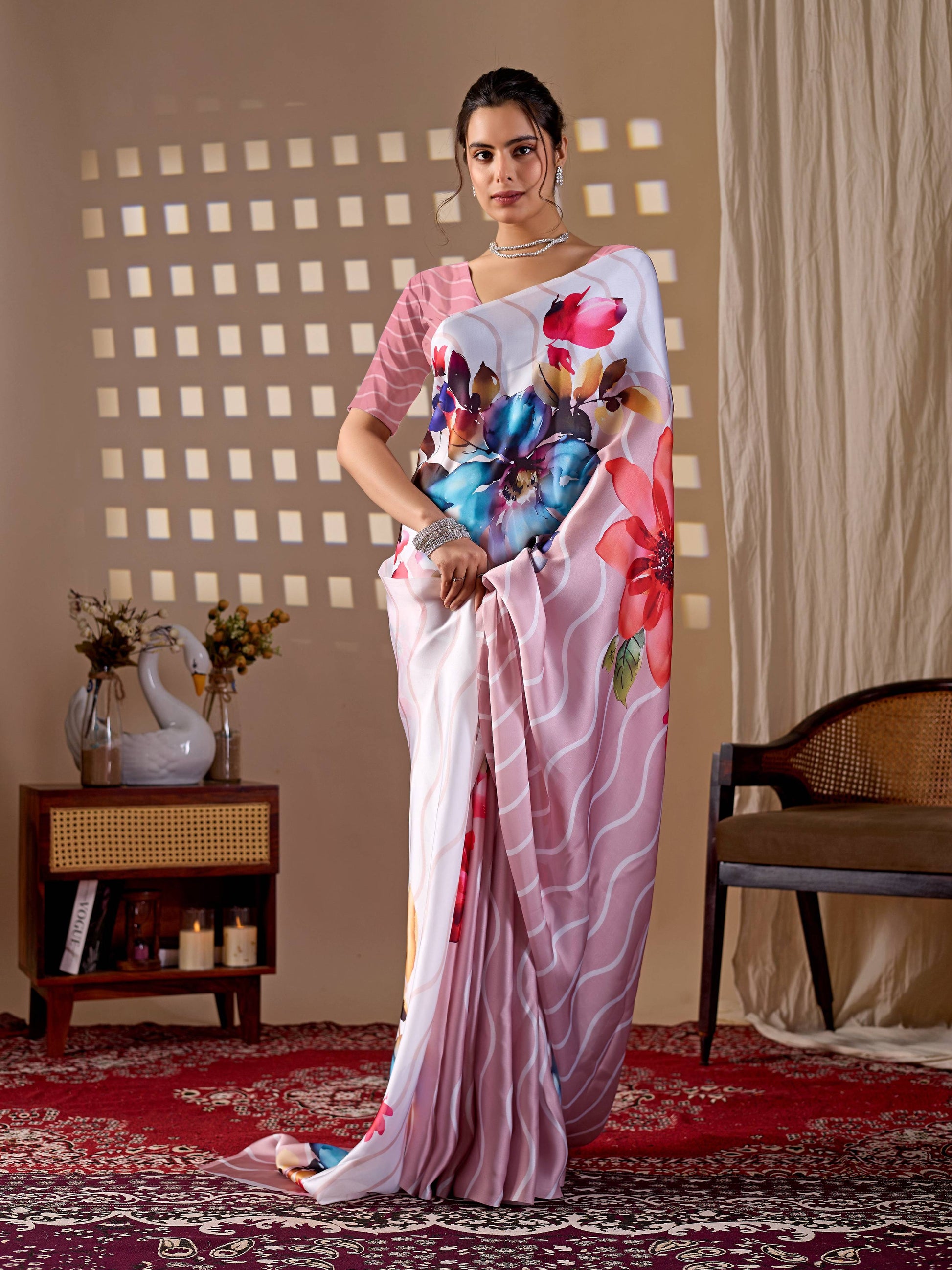 Aastha Fashion Peach Soft Satin Georgette Printed Saree