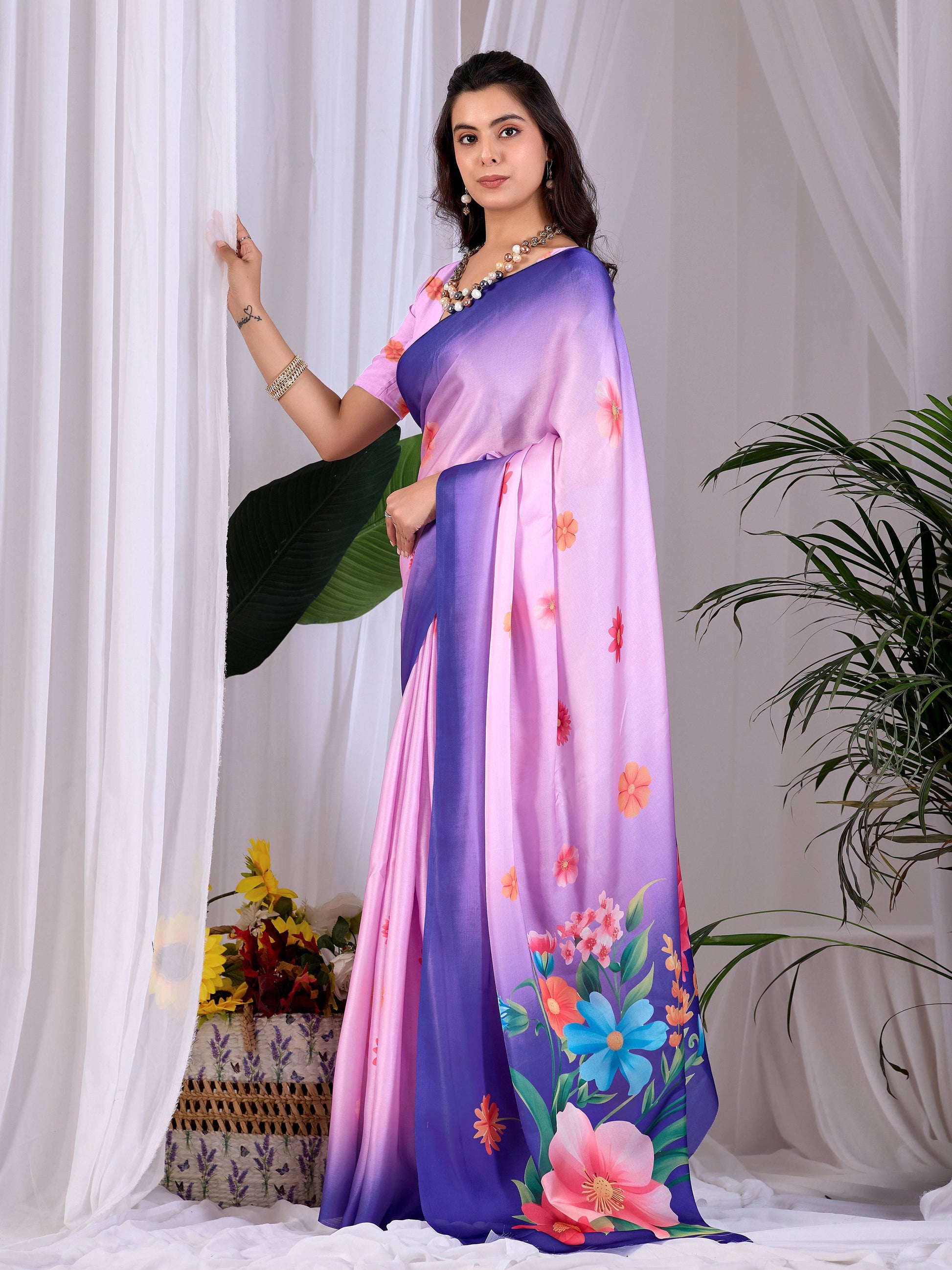 Aastha Fashion Pink Soft Satin Georgette Printed Saree