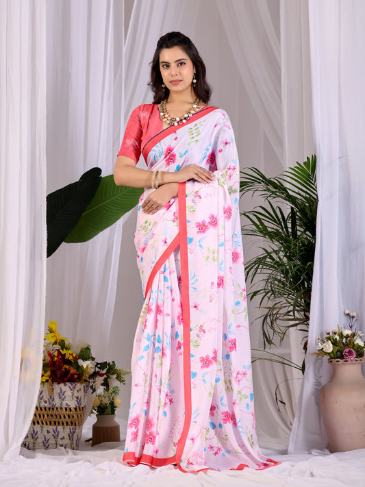 Aastha Fashion Pink Soft Satin Georgette Printed Saree
