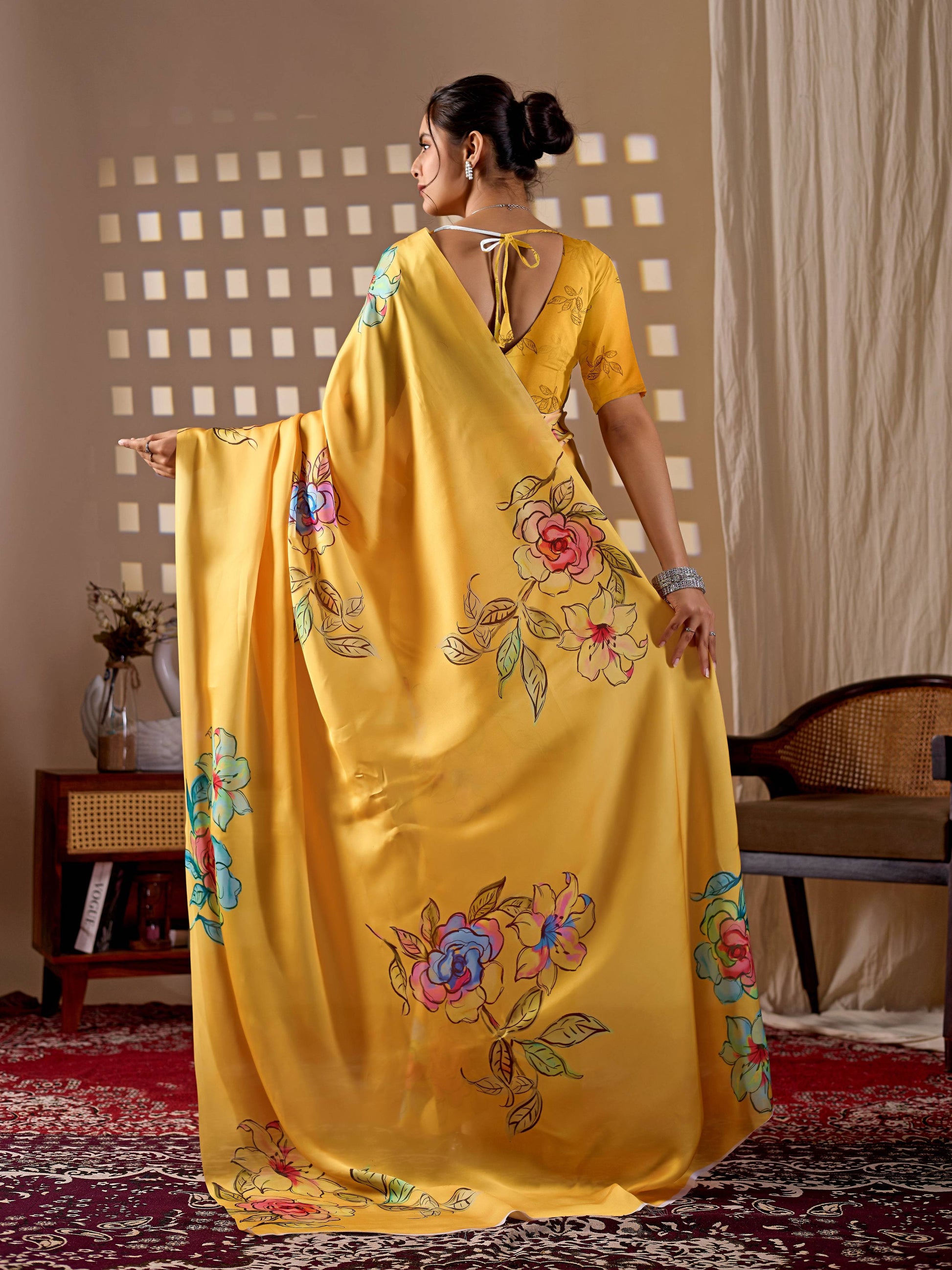 Aastha Fashion Yellow Soft Satin Georgette Printed Saree